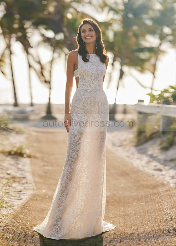 Beaded Ivory Lace Buttons Back Beach Wedding Dress